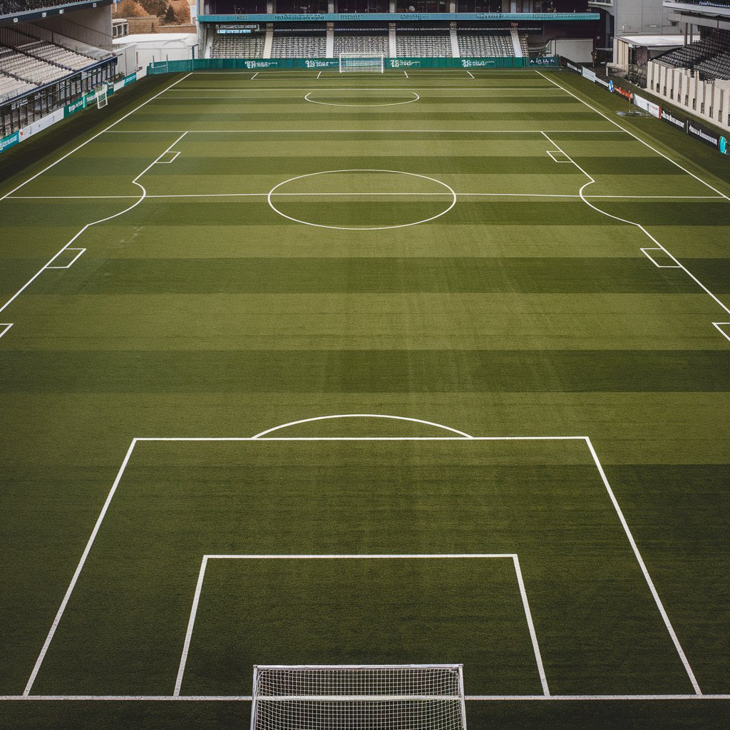 A photo of a football pitch with the same size as a soccer field. The pitch is green with white lines marking the boundaries. There are goal posts at the end of the field. The background contains a stadium with seating.